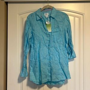 Sigrid Olson NWT 100% Linen Long Sleeve Button Down Tunic Blouse Turquoise XS